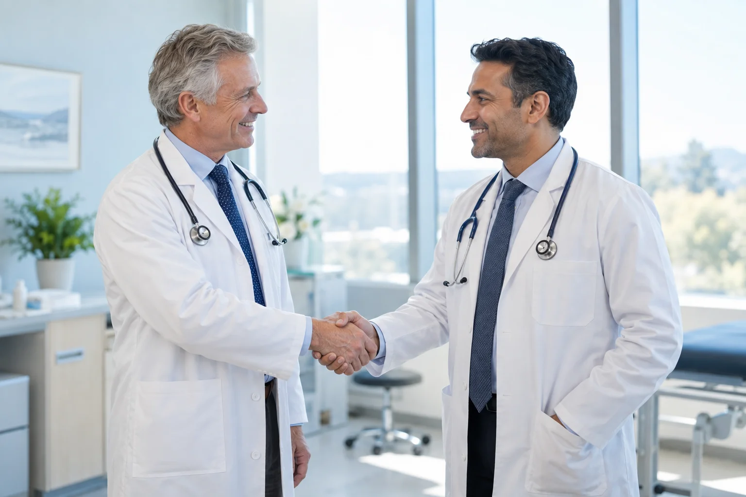 Two physicians sharing a welcoming handshake in a medical office